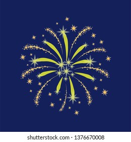 Yellow and gold firework with sparks on a dark background. Vector illustration.