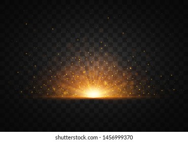 Yellow, gold glowing light explodes on a transparent background. Sparkling magical dust particles. Bright Star. Transparent shining sun, bright flash. Vector sparkles. Light effect 