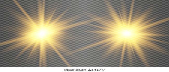 Gelb und Gold leuchtendes Licht explodiert auf transparentem Hintergrund. Glitzende magische Staubpartikel. Heller Stern. Transparente strahlende Sonne, heller Blitz