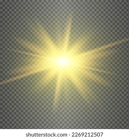 Yellow and gold glowing light explodes on a transparent background. Glittering magical dust particles. Bright Star. Transparent shining sun, bright flash