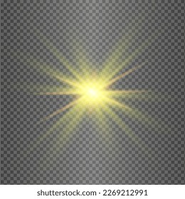 Yellow and gold glowing light explodes on a transparent background. Glittering magical dust particles. Bright Star. Transparent shining sun, bright flash