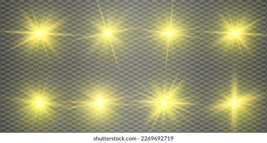 Yellow and gold glowing light explodes on a transparent background. Glittering magical dust particles. Bright Star. Transparent shining sun, bright flash glare set