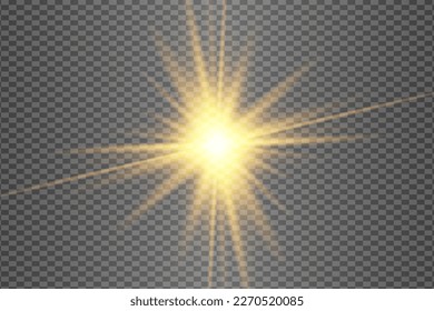 La luz amarilla y dorada brillante explota en un fondo transparente. Partículas mágicas de polvo brillantes. Estrella brillante. Sol transparente y brillante, conjunto de destellos brillantes brillantes