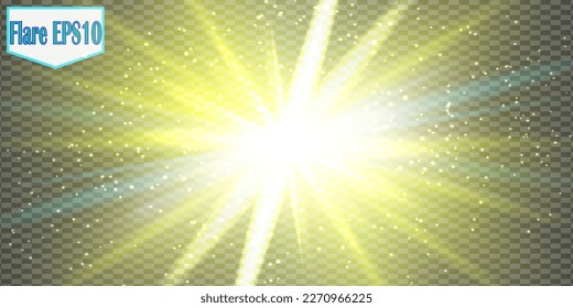 La luz amarilla y dorada brillante explota en un fondo transparente. Partículas mágicas de polvo brillantes. Estrella brillante. Sol transparente y brillante, conjunto de destellos brillantes brillantes