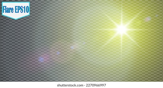Yellow and gold glowing light explodes on a transparent background. Glittering magical dust particles. Bright Star. Transparent shining sun, bright flash glare set
