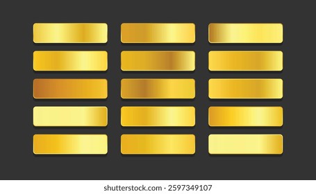 Yellow gold gradients metallic gradients set. Golden backgrounds collection. Gold gradients. Pattern, Light, realistic, elegant, shiny, metallic, frame, ribbon, coin. Vector illustration.