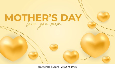 Yellow and gold happy mother's day background decorated with love and heart. Happy mothers day event poster for greeting design template and mother's day celebration