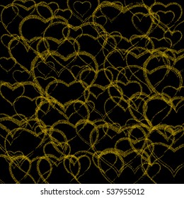 yellow, gold hearts in different sizes. Happy Valentine's Day. stipple effect. black background. vector