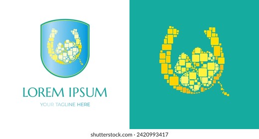Yellow gold horseshoe and a clover leaf for good luck. Logo template design for a business company or farm. Lucky symbol. Vector.