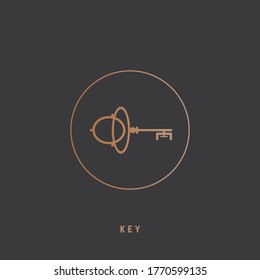 Yellow Gold Key. Golden gradient. Vintage, Retro style. Minimalistic Round Icon. Elegant geometric design. Trendy Vector illustration. Isolated on a dark background for your own design. Logo template