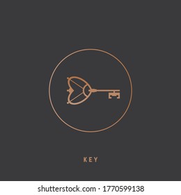 Yellow Gold Key. Golden gradient. Vintage, Retro style. Minimalistic Round Icon. Elegant geometric design. Trendy Vector illustration. Isolated on a dark background for your own design. Logo template