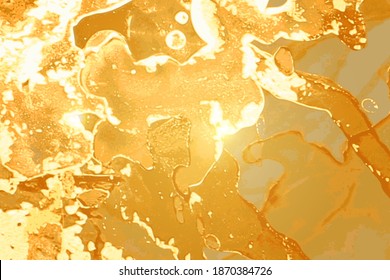 Yellow and gold marble pattern. Alcohol ink technique stone texture. Abstract vector background. Modern paint with glitter. Banner, poster design template.