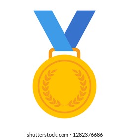 Yellow Gold medal with blue ribbon flat vector icon for sports apps and websites