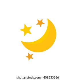 Yellow gold moon and star flat web icon, website logo coloured picture on isolated background