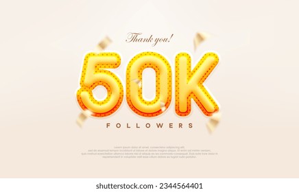 Yellow gold number 50k thanks to followers, modern and premium vector design. Premium vector background for achievement celebration design.