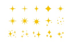 Yellow, Gold, Orange Sparkles Symbols Vector. The Set Of Original Vector Stars Sparkle Icon. Bright Firework, Decoration Twinkle, Shiny Flash. Glowing Light Effect Stars And Bursts Collection. Vector
