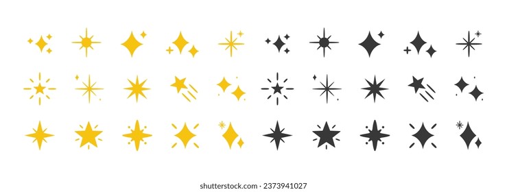 Yellow, gold, orange sparkles symbols vector. The set of original vector stars sparkle icon. Bright firework, decoration twinkle, shiny flash. Glowing light effect stars and bursts collection. Vector