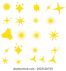 Yellow, gold, orange sparkles symbols vector. The set of original vector stars sparkle icon. Bright firework, decoration twinkle, shiny flash. Glowing light effect stars and bursts collection