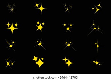 Yellow, gold, orange sparkles symbols vector. The set of original vector stars sparkle icon. Bright firework, decoration twinkle, shiny flash. Glowing light effect stars and bursts collection. Eps10.