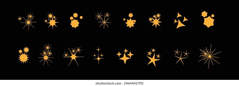 Yellow, gold, orange sparkles symbols vector. The set of original vector stars sparkle icon. Bright firework, decoration twinkle, shiny flash. Glowing light effect stars and bursts collection. Eps10.