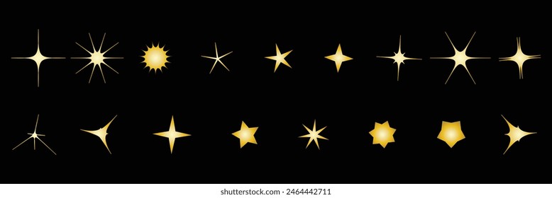 Yellow, gold, orange sparkles symbols vector. The set of original vector stars sparkle icon. Bright firework, decoration twinkle, shiny flash. Glowing light effect stars and bursts collection. Eps10.