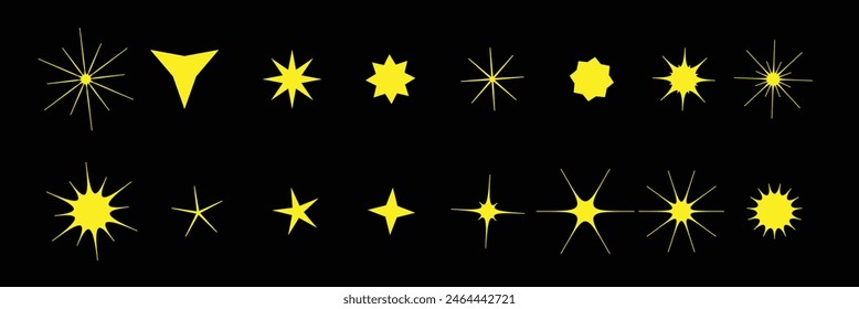 Yellow, gold, orange sparkles symbols vector. The set of original vector stars sparkle icon. Bright firework, decoration twinkle, shiny flash. Glowing light effect stars and bursts collection. Eps10.