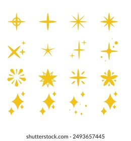 Yellow, gold, orange sparkles symbols vector. The set of original vector stars sparkle icon. Bright firework, decoration twinkle, shiny flash. Glowing light effect stars and bursts collection. Vector