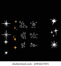 Yellow, gold, orange sparkles symbols vector. The set of original vector stars sparkle icon. Bright firework, decoration twinkle, shiny flash. Glowing light effect stars and bursts collection. Vector