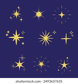 Yellow, gold, orange sparkles symbols vector. The set of original vector stars sparkle icon. Bright firework, decoration twinkle, shiny flash. Glowing light effect stars and bursts collection. Vector