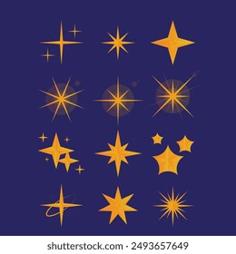 Yellow, gold, orange sparkles symbols vector. The set of original vector stars sparkle icon. Bright firework, decoration twinkle, shiny flash. Glowing light effect stars and bursts collection. Vector