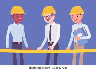 Yellow Gold ribbon cutting ceremony for engineering business people. Men wearing builder hard hats, architects opening new project, launching new building. Vector flat style cartoon illustration