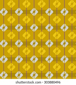 Yellow, gold, seamless pattern, squares, stripes, geometric, multi-color. Colored, flat, geometric pattern of gray and yellow squares and thin purple lines on a gold background. 
