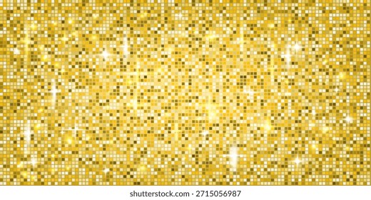 Yellow gold sequin mosaic background with disco ball shine and glitter texture. Golden sparkle floor for glam party or abstract shimmer wall. Vector illustration design.