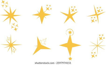 Yellow, Gold sparkle stars icon collection. Set of golden star icons in different style web elements. Shiny twinkle yellow stars for decoration