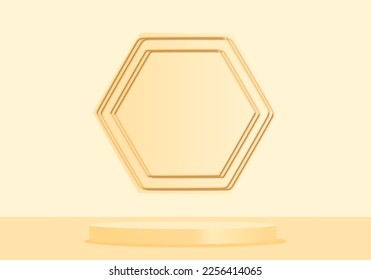 Yellow gold stage. 3d rendering pedestal and hexagon shape sign on pastel yellow background. Product display podium vector illustration.