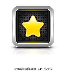 Yellow gold star icon chrome metal frame button dark perforation texture glossy sign black drop shadow color reflection white background. Vector illustration clip-art design element saved in 10 eps