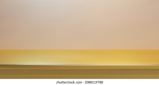 Yellow gold steel countertop, empty shelf. Vector realistic mockup of table top, kitchen counter on pastel background with spot light. Bar desk surface in foreground