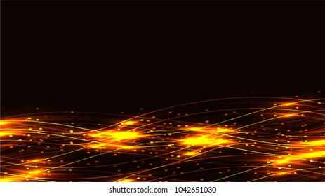 Yellow gold transparent abstract shining magical cosmic magical energy lines, rays with glare and dots and light shines on a dark background from below. Vector illustration.