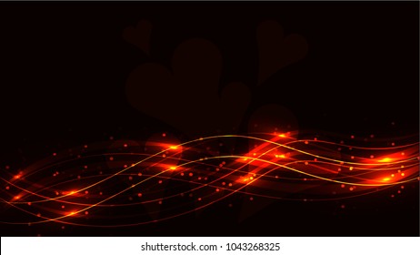 Yellow gold transparent hearts and abstract shining magical cosmic magical energy lines, rays with glare and dots and light shines on a derk background. Vector illustration.