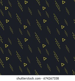 Yellow gold triangles lines spirals on a black background seamless pattern
