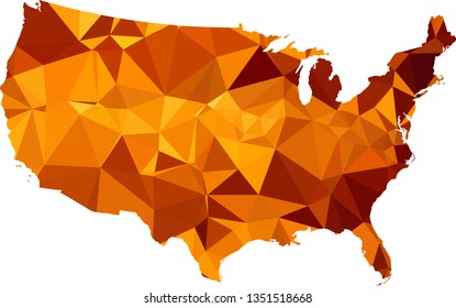 Yellow Gold USA Map in Low Poly Style on isolated white background. United States of America area in Polygonal diamond style for your design.