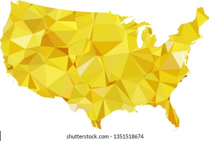 Yellow Gold USA Map in Low Poly Style on isolated white background. United States of America area in Polygonal diamond style for your design.
