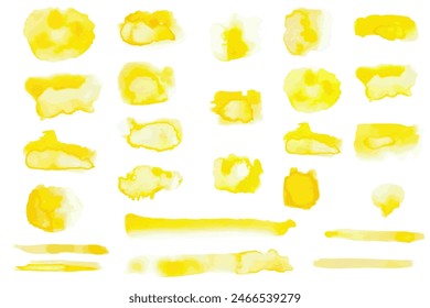 Jaune, arrière-plan abstrait à l'aquarelle dorée, éclaboussures, tache, élément de conception de pinceaux. Texture papier dessinée à la main, aquarelle, couleur liquide. Texture colorée, lavage.