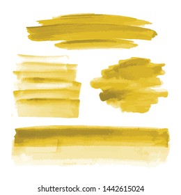 Yellow gold watercolor shapes, splotches, stains, paint brush strokes. Abstract watercolor texture backgrounds set. Isolated on white background. Vector illustration.