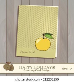 Yellow Golden Apple floral greeting card design template. Jewish New Year greeting card. Greeting text Shana tova! Pomegranate icon. Seamless Honeycomb pattern background complete, masked