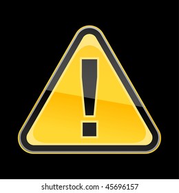 Yellow golden attention hazard warning sign with exclamation mark symbol on black background