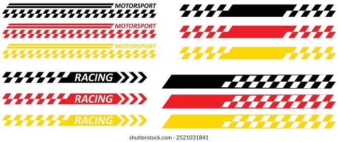 Yellow Golden Black racing sport car strips arrow and race line decals for speed. Vector race car, auto, motorcycle, bike vinyl stickers and lines. Racing start and finish flag