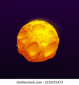 Yellow Or Golden Cartoon Space Planet With Craters. Astronomy Galaxy Vector Sphere, Glowing Globe In Universe. Ui Game Object, Fantasy Isolated Asteroid, Comet, Meteor Object In Space