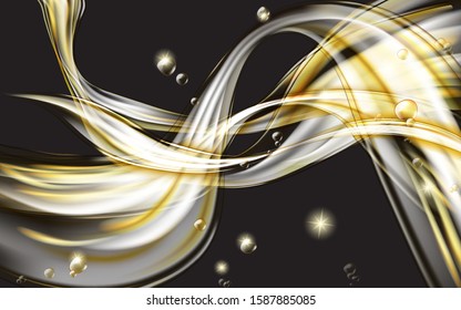 Yellow golden flowing liquid vector abstract background, oil texture on black. Streams of oil, honey or fluid with light element.