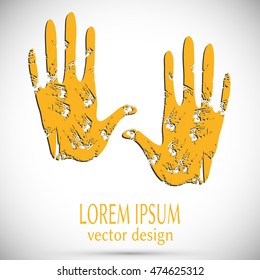 Yellow golden grunge painted hand print with shadow. Stop Concept, abstract vector background and element for your design